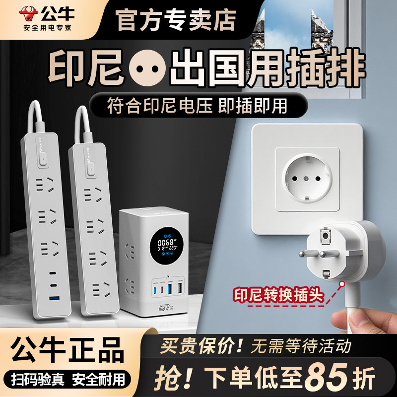 公牛印尼专用插排插座转换器印尼转换插头留学旅行充电用