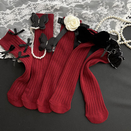 韩国童袜过年红色袜子安可拉红蝴蝶结毛绒花边女童堆堆袜