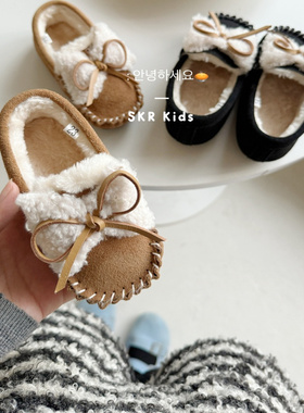 韩国NEKO同款牛皮羊毛豆豆鞋女童miu系毛毛蝴蝶结加绒保暖雪地靴