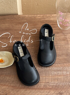 2025学院风bi备软底真皮春夏款英伦风幼稚园百搭黑色女童皮鞋单鞋