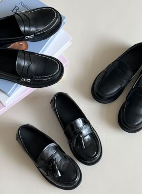 儿童黑色乐福鞋秋季复古英伦风男女童圆头学院风复古真皮单鞋皮鞋