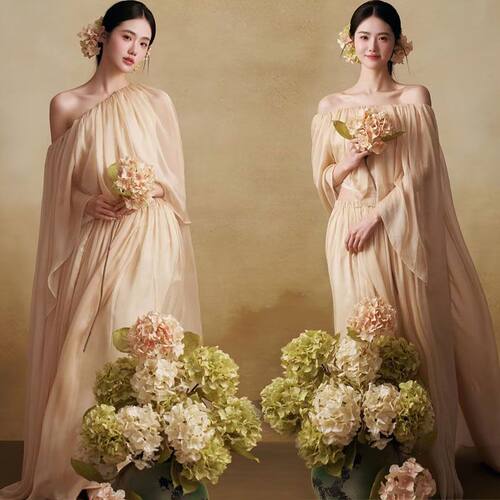 法式复古一字肩长袖写真连衣裙