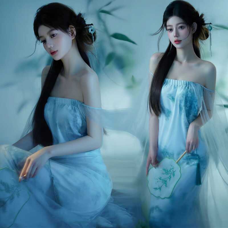 影楼孕妇新款拍照摄影写真服装新中式复古国潮水墨网纱裙礼服服装