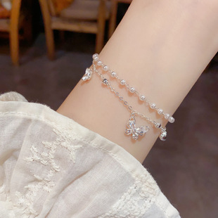 甜美百搭厚银金属蝴蝶双层手链个性 亚马逊跨境时尚 轻奢设计感手饰