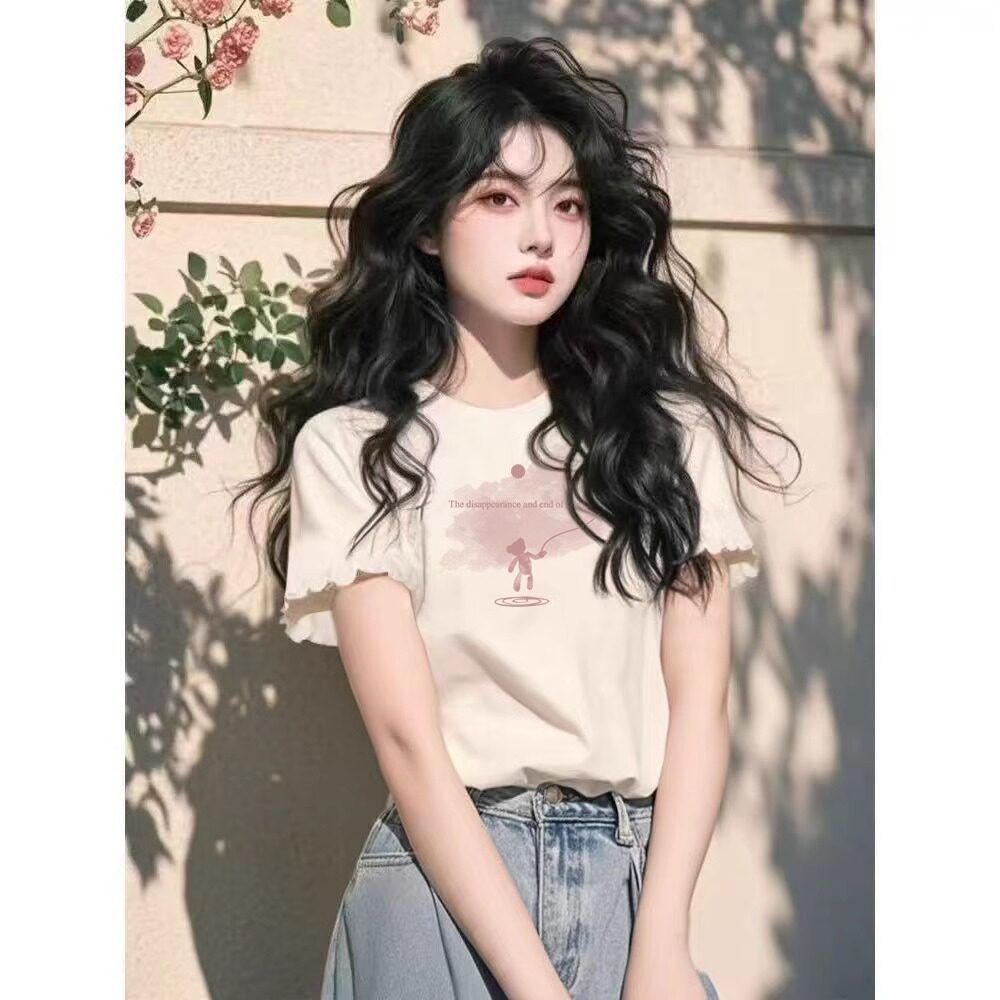 白色拼接木耳边短袖t恤女宽松打底短款印花小个子套头甜美短上衣