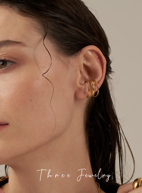 THREE日韩小众时尚大气 三层线条 开口可调节轻盈戒指 耳骨夹女