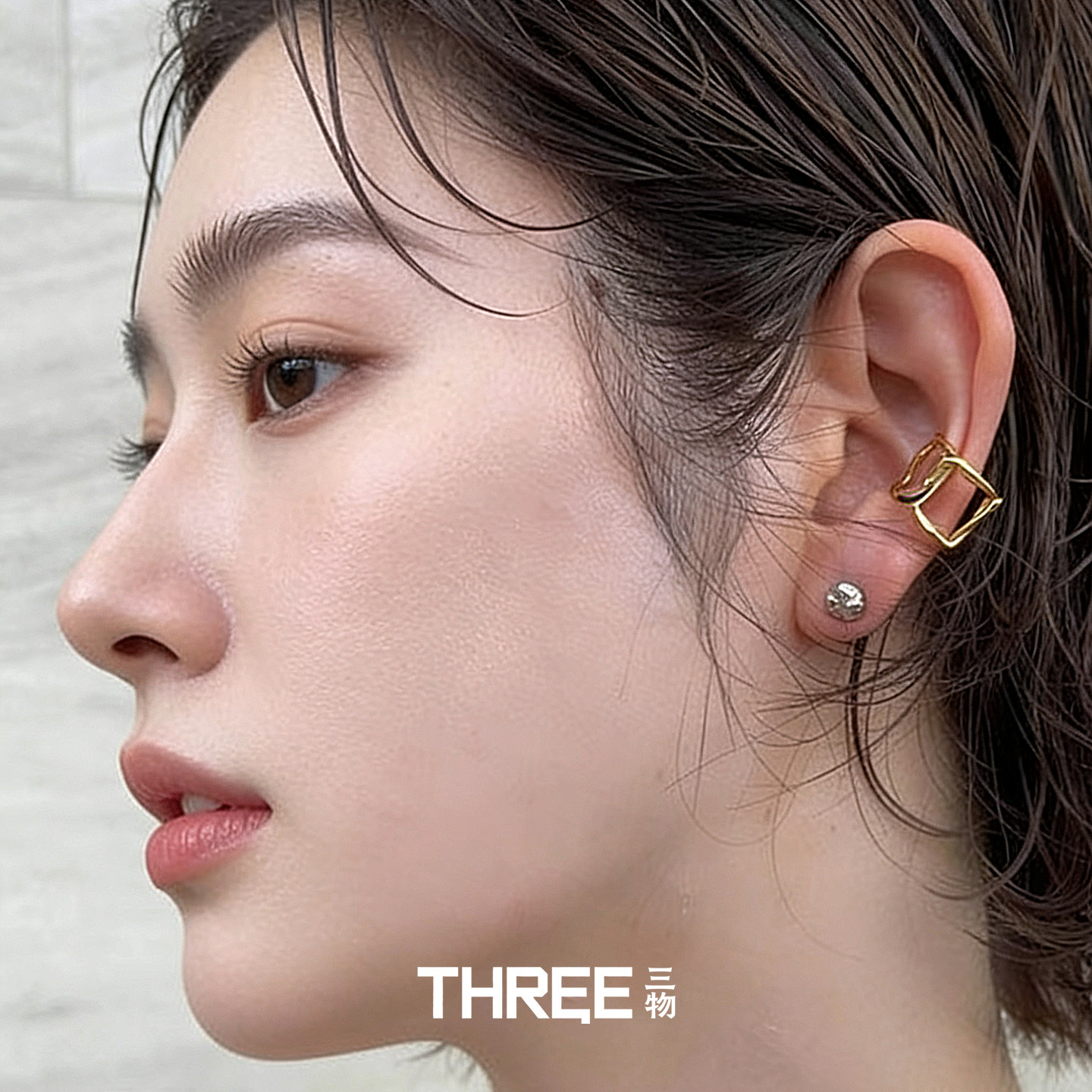 三物THREE~S925银日系小众冷淡风镂空线条纯银耳骨夹耳环