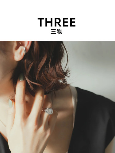 三物THREE~～S925银～日杂日系复古做旧椭圆石开口戒指