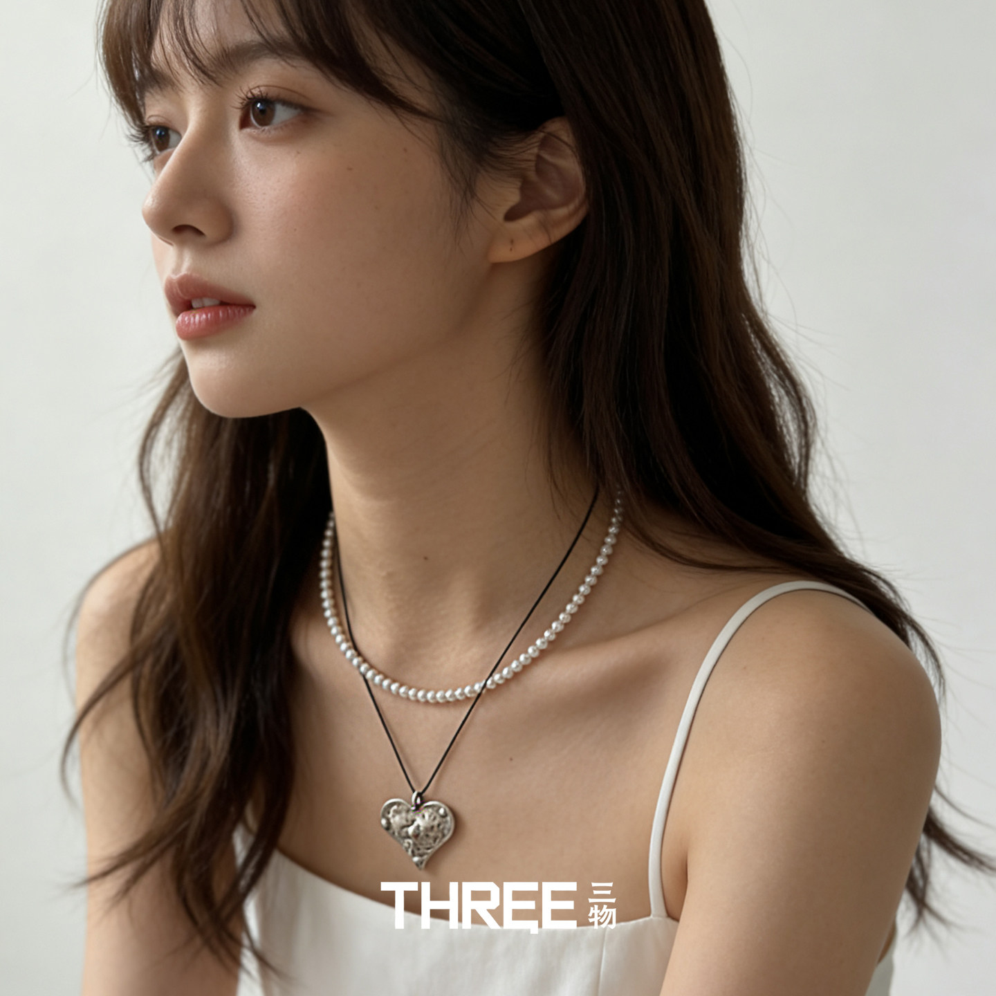 三物THREE金属之心长款设计抽绳做旧银爱心项链可调节链新款女