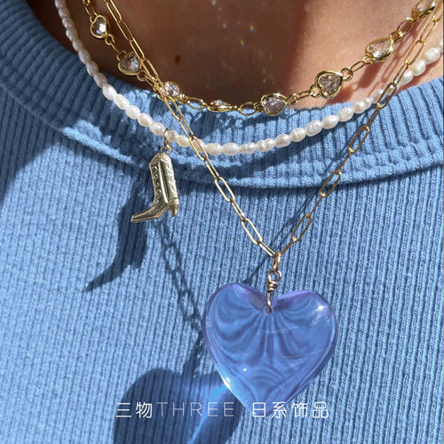 三物THREE~日系夏日度假风彩色爱心吊坠可叠戴辣妹项链