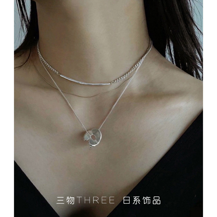 日本日系 CLANE风 哑光做旧银色双层叠带项链~2WAY戴法