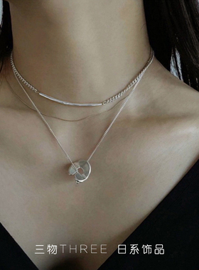 日本日系 CLANE风 哑光做旧银色双层叠带项链~2WAY戴法