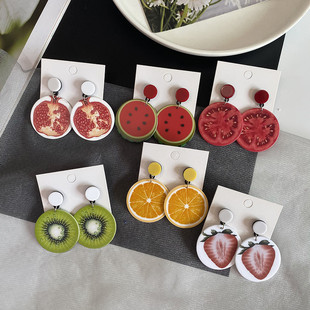 个性 清爽百搭水果黄色橘子耳环草莓番茄韩版 夸张绿色耳坠 新款 夏季