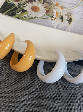 S925银针ins风冷淡极简开口C字耳环黄色耳圈百搭时尚复古耳饰耳钉
