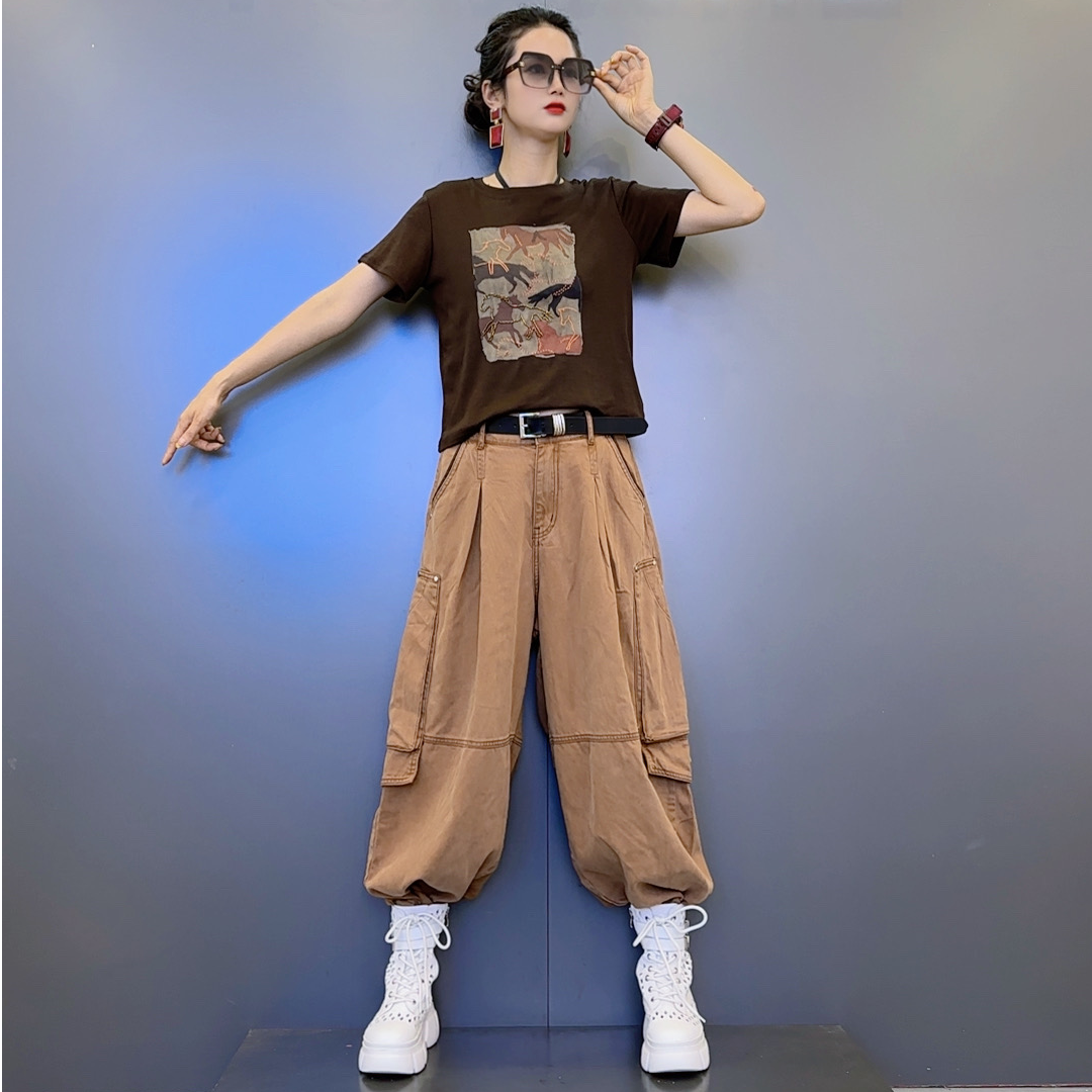 YK-3夏款三色工艺绣珠短袖上衣-侧边口袋装饰牛仔灯笼阔腿裤