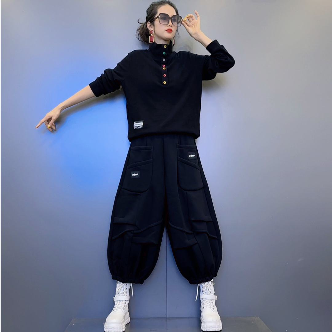 D3冬款纽扣装饰高领双面德绒打底上衣-车标装饰加绒灯笼裤