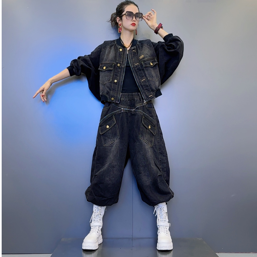 QC-3秋款复古水洗设计牛仔外套-个性拉链设计牛仔灯笼裤