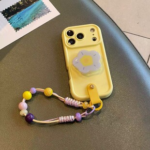 夏日ins小众清新灰蓝花支架手拎短绳木质适用于17promax苹果15 16pro手机壳iphone14promax13软胶便捷手腕带