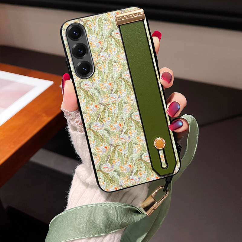 适用三星s25郁金香花手机皮套s24荔枝纹复古风时尚s23ultra腕带支架S22全包丝巾Note20Ultra挂绳绿皮S21+外壳,3C数码配件,手机保护套/壳,淘宝优惠券,粉丝福利购,淘宝优惠卷