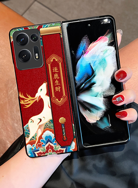 Icool适用findn2手机壳国潮腕带可支架真皮Find N2折叠保护套硅胶复古麋鹿FINDN新中式国漫oppo绿色外壳全包