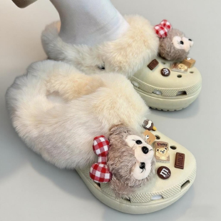 适配卡骆驰crocs洞洞鞋内胆云朵光轮秋冬加绒棉毛绒鞋套可拆卸女