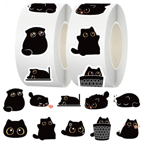500贴新款小黑猫卷卷贴卡通可爱小猫咪手账桌面贴纸封口贴画便签