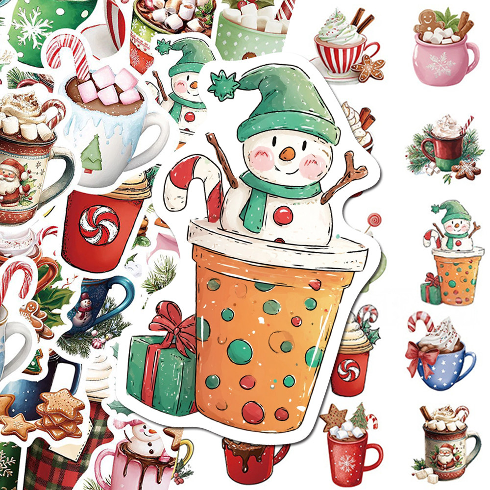 100张圣诞饮品贴纸卡通可爱创意雪人姜饼人饮料贴画idy桌面手帐本