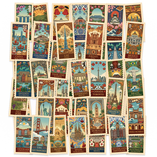 100张世界地标贴纸ins风创意著名景区建筑图案diy手账手机壳贴画