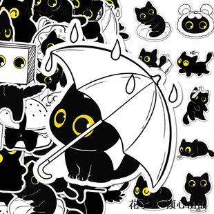 100张黑色小猫日常贴纸萌系猫咪百态简约创意可爱DIY装饰手账桌面