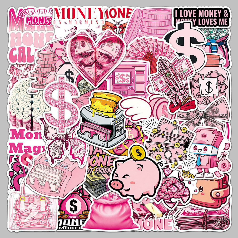 100张粉色钱币贴纸ins风高颜值少女心精美装饰素材手机壳桌面贴画