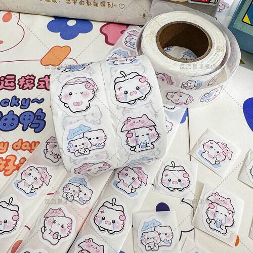 1500贴雨雾小猫卷卷贴纸可爱卡通高颜值少女心小猫咪封口贴画diy