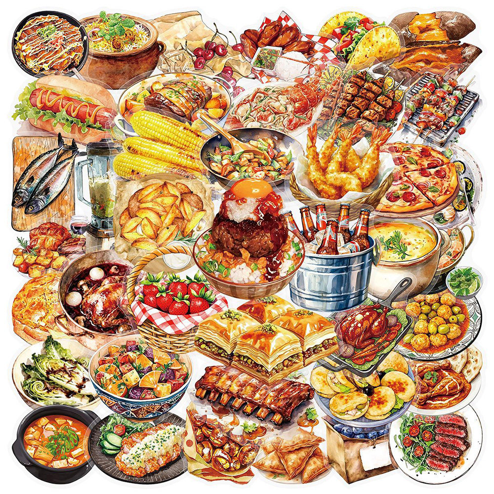 100张手绘美食PET贴纸ins风彩绘治愈系美食插画素材diy手账本桌面