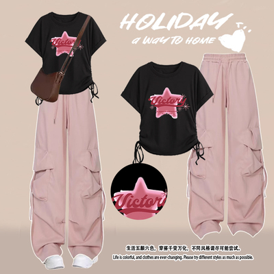 夏秋季学生少女大童高腰阔腿工装裤酷飒拽姐套装抽绳短袖女两件套