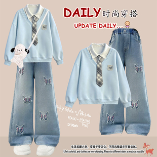 春秋五六年级初中女生中大童韩版假两件POLO领卫衣洋气牛仔裤套装