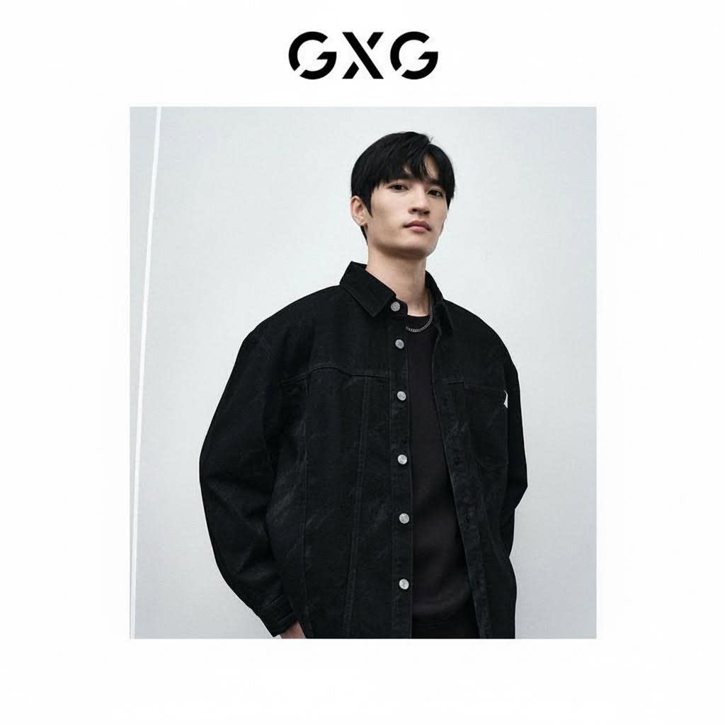 GXG男装 黑色激光烧花通勤牛仔衬衫 24春新品GFX1E900571