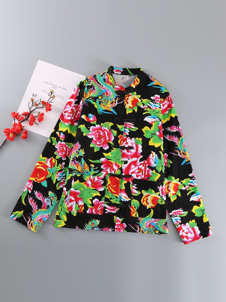 NORTHEAST LARGE FLORAL CLOTH PURE COTTON SPRING AND AUTUMN SUMMER MENS JACKETS LONG-SLEEVED TANG SUIT TOPS FESTIVAL FOLK COSTUME COSTUMES