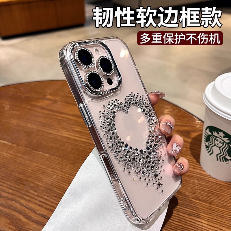 璀璨镶钻爱心适用苹果16promax手机壳iphone15prox新款14pro高级感小众13全包防摔12好看超火女款plus保护套