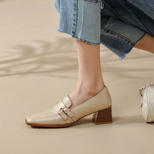 2025春款单鞋不磨脚粗跟工作深口方头真皮法式通勤配裙子的鞋子