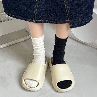 薄款 日系纯色白色长袜子女中筒袜棉质ins潮流夏季 配椰子拖堆堆袜