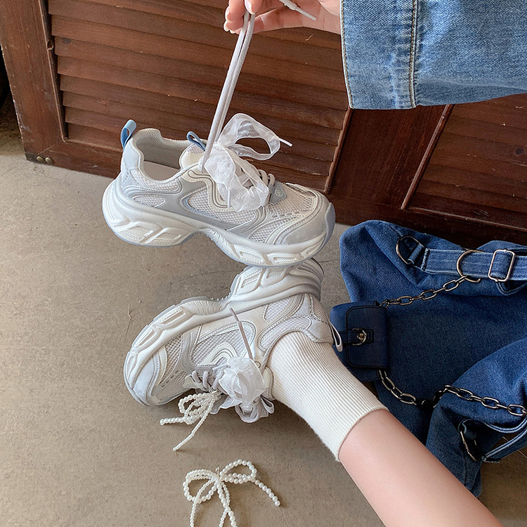 小众设计蝴蝶结蕾丝系带厚底松糕小白鞋老爹鞋运动小个子轻便网面