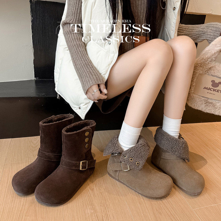 小众设计雪地靴保暖加厚按扣磨砂牛皮真皮一靴两穿翻边美拉德靴子,女鞋,时尚雪地靴,淘宝优惠券,粉丝福利购,淘宝优惠卷