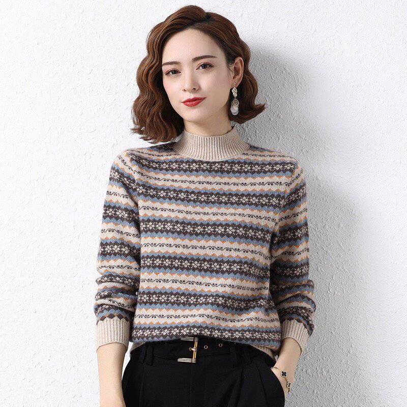嘉兴濮院减龄半高领羊绒衫女套头毛衣短款条纹打底衫羊毛衫秋冬装