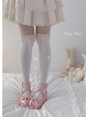 roji温柔乡Lolita袜子女春蝴蝶结中筒袜洛丽塔蕾丝花边棉袜甜美