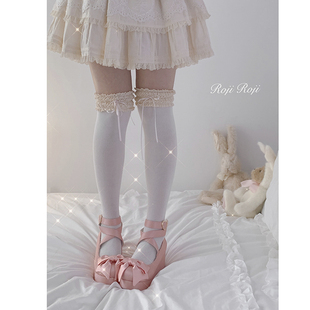 roji温柔乡Lolita袜子女春蝴蝶结中筒袜洛丽塔蕾丝花边棉袜甜美