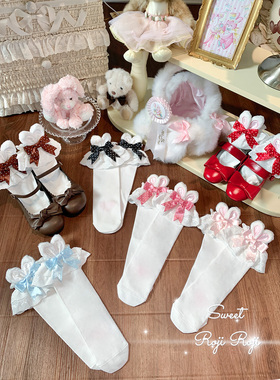 roji原创Lolita蝴蝶结小兔耳袜子女夏jk蝴蝶结洛丽塔蕾丝花边短袜