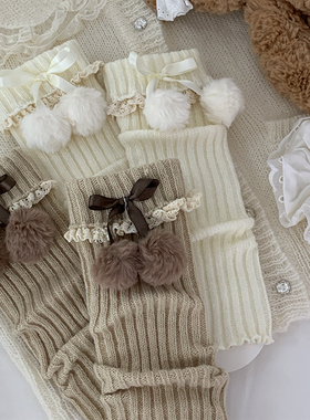 rojiroji甜美lolita日系毛球花边袜套jk少女粉蝴蝶结腿套堆堆袜