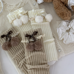 rojiroji甜美lolita日系毛球花边袜套jk少女粉蝴蝶结腿套堆堆袜