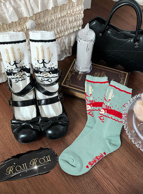 roji烛台Lolita中筒秋透气纯棉蝴蝶结保暖瘦腿短袜cla洛丽塔日系