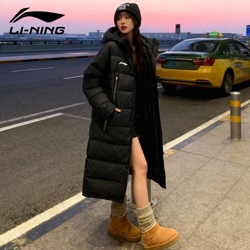 李宁过膝羽绒服女士2025冬季长款加厚保暖上衣厚款连帽鸭绒服外套