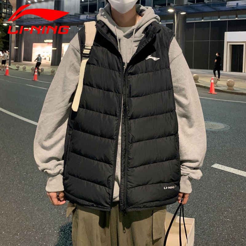 李宁羽绒马甲男士秋冬新款休闲短外搭马夹外套轻薄连帽羽绒服背心